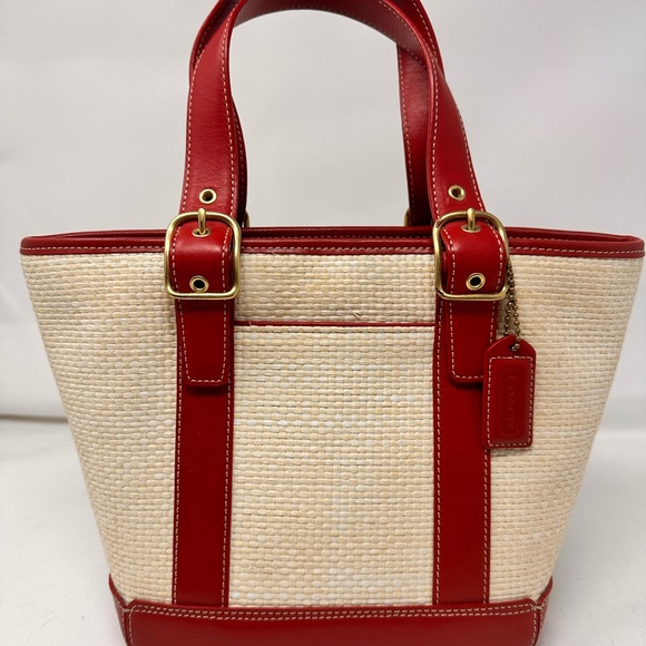Coach Handbags - Vintage Coach 8909 Woven Straw Handbag Cherry Red Y2K